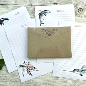 Conjunto de papel de escritura personalizado - OCEAN FRIENDS - Conjunto de 20 - Conjunto de amigos por correspondencia - Papel de notas personalizado con sobres kraft de coordinación