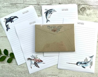 Personalised Writing Paper Set - OCEAN FRIENDS - Set Of 20 - Penpal set - Personalised Notepaper with coordinating kraft envelopes