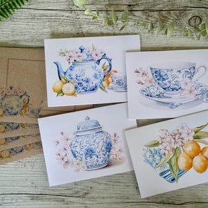 Blauw-witte theepot wenskaarten Theekopje met citroenen Gemberpot Set van 4 - High Tea blanco wenskaart Theeset Bedankkaarten
