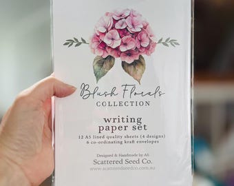 Colección BLUSH FLORALS: Juego de papel para escribir, papel de notas, juego de amigos por correspondencia, juego de papelería con hortensias, dalias, tulipanes y proteas.