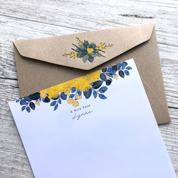 Personalised Writing Paper Set - AUSTRALIAN GOLDEN WATTLE - Set Of 20 - Personalised Notepaper optional Kraft Gift Storage Wallet