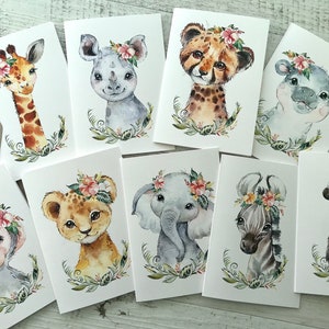 Cartões em branco JUNGLE FRIENDS FLORAL tamanho normal - Cartões em branco para animais africanos - Cartões de aniversário para meninas, cartões de agradecimento