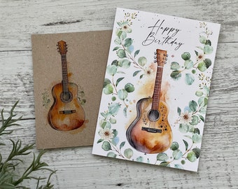Acoustic Guitar floral Birthday Card - Instrument Birthday Card - Music Card