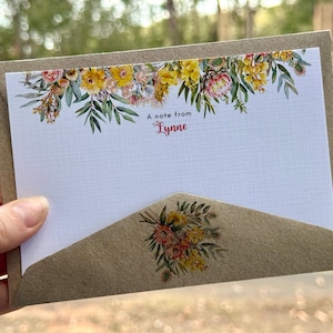 Flat AUSTRALIAN FLORALS Notecards Set Of 10 - Blank or Personalised Notecards with coordinating kraft envelopes
