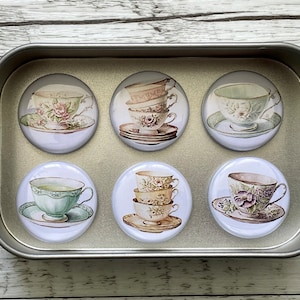 NEEDLE MINDERS or MAGNETS set of 6 in Storage Tin - Vintage Teacups Set B - Pastels - 1 inch magnets set of 6 - floral fridge magnets