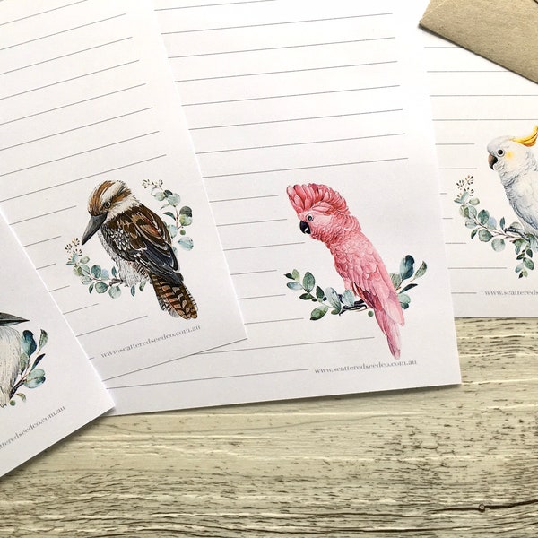 Personalised Writing Paper Set - AUSTRALIAN BIRDS - Set Of 20 - Penpal set - Personalised Notepaper with coordinating kraft envelopes