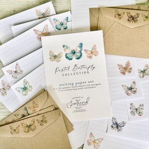 Conjunto de papel de carta da coleção PASTEL BUTTERFLY - Papel de carta com tema de insetos - Conjunto de caneta de borboleta - Scattered Seed Co