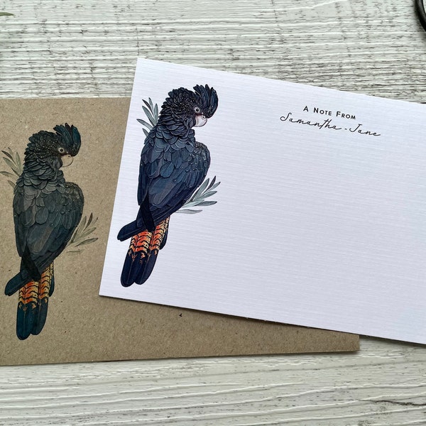 Flat AUSTRALIAN Red-Tailed BLACK COCKATOO Notecards Set Of 10 - Cockatoo Personalised or Blank Notecards - Scattered Seed Co.