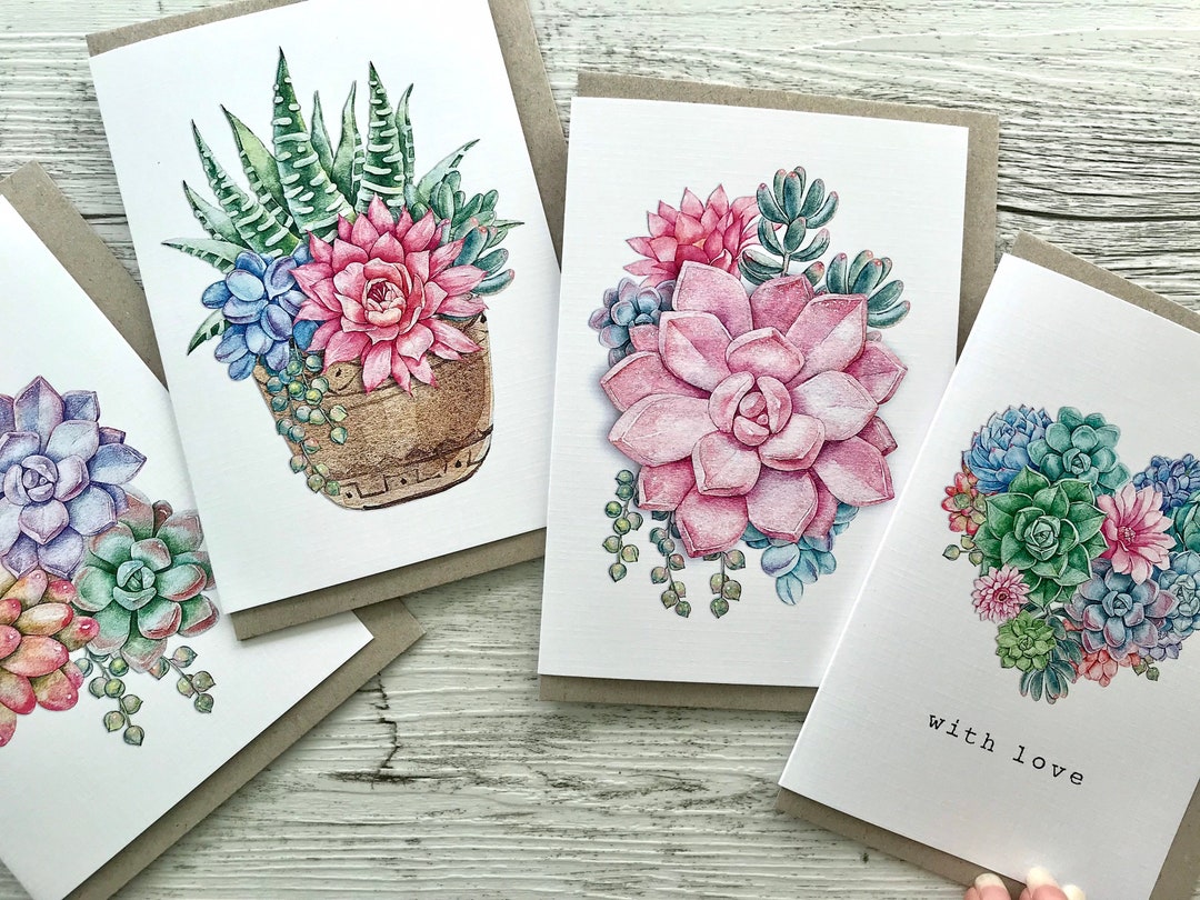 SUCCULENTS Mini or Regular Sized Cards Set of 4 - Floral Blank Greeting ...