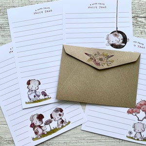 Floral PUPPIES Personalised Writing Paper Set of 20 - Personalised Notepaper with coordinating kraft envelopes - Feminine Stationery