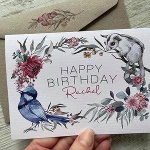 Tarjeta de cumpleaños FAUNA SILVESTRE NATIVA AUSTRALIANA - Petauro del azúcar y Hada Cucaracha Tarjetas de cumpleaños personalizadas