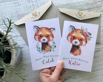 Tarjeta de cumpleaños personalizada o en blanco de PANDA ROJO - Tarjeta de cumpleaños infantil personalizada para niño y niña