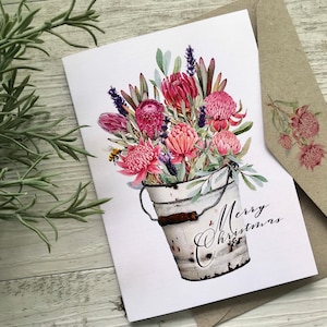 Cartão de Natal ou cartões em branco da coleção AUSTRALIAN WARATAH Bucket - conjunto de cartões de Natal ou flores australianas em branco