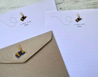 Personalised Writing Paper Set - BUMBLE BEE - Set Of 20 - Bee Personalised Notepaper with optional Storage Wallet