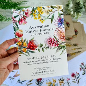 Juego de papel para escribir con colección de flores nativas australianas: 20 páginas, 10 sobres, juego para escribir cartas, juego para amigos por correspondencia australianos: regalo para un amigo