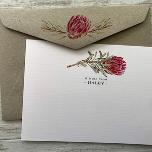 Flaches PROTEA Notizkarten-Set - 10er Set - Protea Briefpapier - Australische Florale Notizkarten set mit aufeinander abgestimmten Kraftumschlägen - Australien