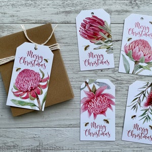 Etiquetas de regalo de Navidad Flora australiana WARATAH, PROTEA y CALLISTEMON Etiquetas colgantes navideñas Etiquetas de regalo australianas Etiquetas colgantes para regalos de Navidad