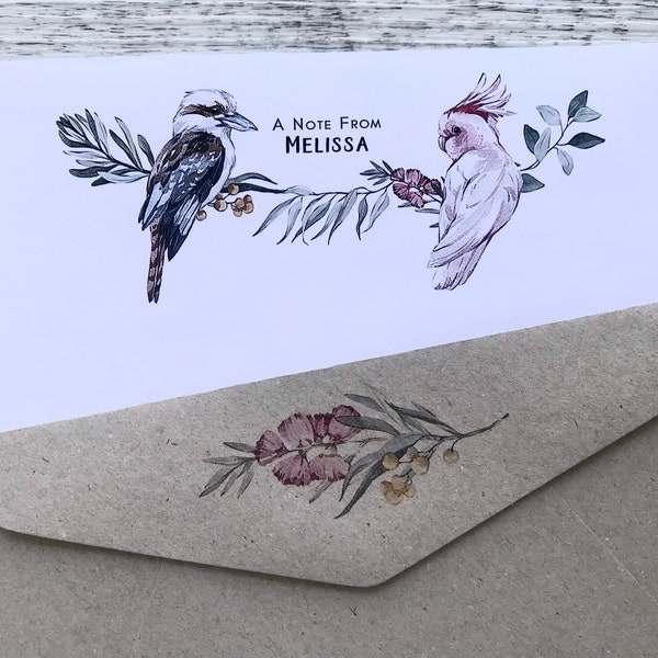 Personalised Writing Paper Set - AUSTRALIAN NATIVE WILDLIFE - Kookaburra and Cockatoo - Set Of 20 - Penpal set - Personalised Notepaper