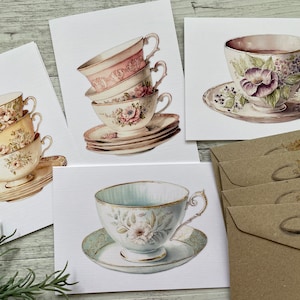 Novo! Pastels VINTAGE TEACUP COLLECTION conjunto de 4 cartões - Conjunto C (Pastels) - Mini ou tamanho regular conjunto de cartões High Tea - Scattered Seed Co