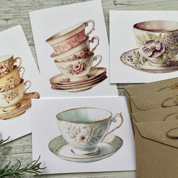 New! Pastels VINTAGE TEACUP COLLECTION cards set of 4 - Set C (Pastels) -Mini or Regular size High Tea card set - Scattered Seed Co