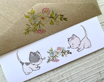 SPRING FLORAL KITTENS Personalised Writing Paper Set of 20 - Personalised Notepaper with coordinating kraft envelopes - Feminine Stationery