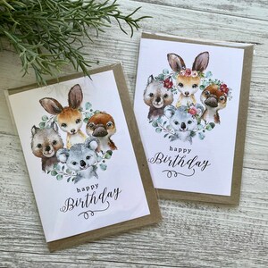 AUSTRALISCHE TIERE Geburtstagskarten mit Blumen oder Blättern - 4-er Set - Aussie Animals Design - Scattered Seed Co