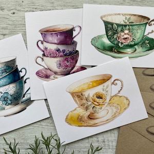 Novo! Conjunto de 4 cartas da COLEÇÃO Royal VINTAGE TEACUP - Conjunto A (Royal) - Conjunto de cartas de chá da tarde tamanho mini ou regular - Scattered Seed Co