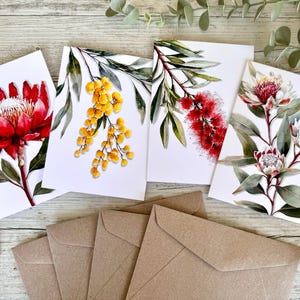 AUSTRALIAN FLORALS Single Stem Blank cards set of 4 - Set A- Australian flora greeting card set Wattle Callistemon Waratah Florist Cards