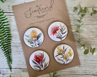 Kolekcja magnesów na lodówkę AUSTRALIAN FLORAL - zestaw C - magnesy Australian Flower duże 55 mm - 4 wzory - zestaw magnesów na upominek na przyjęcie