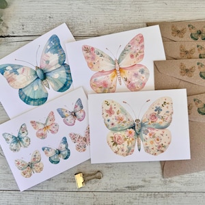 Coleção Sherbet PASTEL BUTTERFLY Conjunto de 4 cartões de tamanho normal ou mini - conjunto de cartões de felicitações de borboletas em branco - 4 designs - Scattered Seed Co