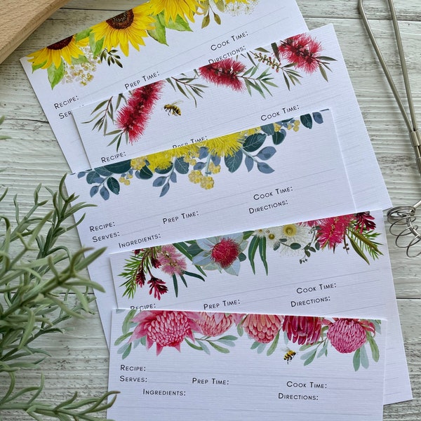 Recipe Cards - 5 assorted designs - Australian Florals - Waratah, Wattle, Callistemon, Sunflower, Native Flora