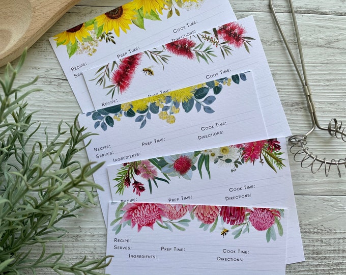Recipe Cards - 5 assorted designs - Australian Florals - Waratah, Wattle, Callistemon, Sunflower, Native Flora