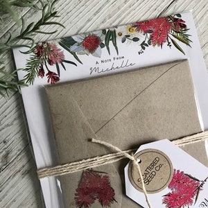Juego de papel para escribir personalizado - FLORA NATIVA AUSTRALIANA - Juego de 20 - Papel para notas personalizado con sobres kraft a juego