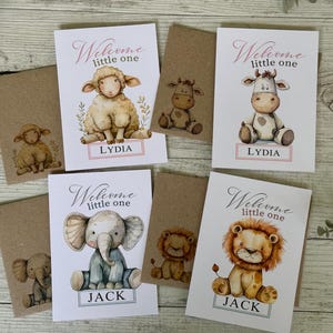 Personalisierte neue Baby Mädchen oder Jungen Tierkarten - Löwe - Elefant - Schaf - Kuh - Willkommen Kleine individuelle Karte