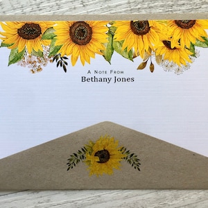Flache SONNENBLUMEN Personalisierte oder Blanko-Notizkarten-Set von 10 - Notizkarten mit passenden Kraftpapierumschlägen - Scattered Seed Co.