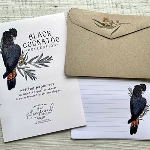 Conjunto de papel de carta da coleção BLACK COCKATOO - papel de carta com tema australiano - conjunto de amigos por correspondência - Scattered Seed Co