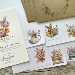 Conjunto de papel de carta da coleção SPRING FLORAL - Papel de carta com tema de flores da primavera e coelho - conjunto de amigos por correspondência - Scattered Seed Co