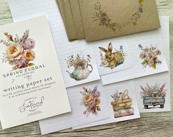 SPRING FLORAL Collection Briefpapier Set - Frühlingsblumen und Hasen Thema Briefpapier - Brieffreundschaft Set - Scattered Seed Co