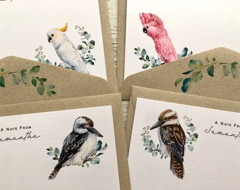 Flat AUSTRALIAN BIRDS Notecards Set Of 12 - Personalised or Blank Notecards with coordinating kraft envelopes - Scattered Seed Co.