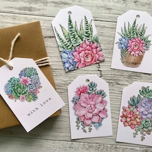 May include: Five watercolour succulent gift tags with white backgrounds. The tags feature different arrangements of succulents in shades of green, pink, and purple. One tag has the text "with love" printed on it.