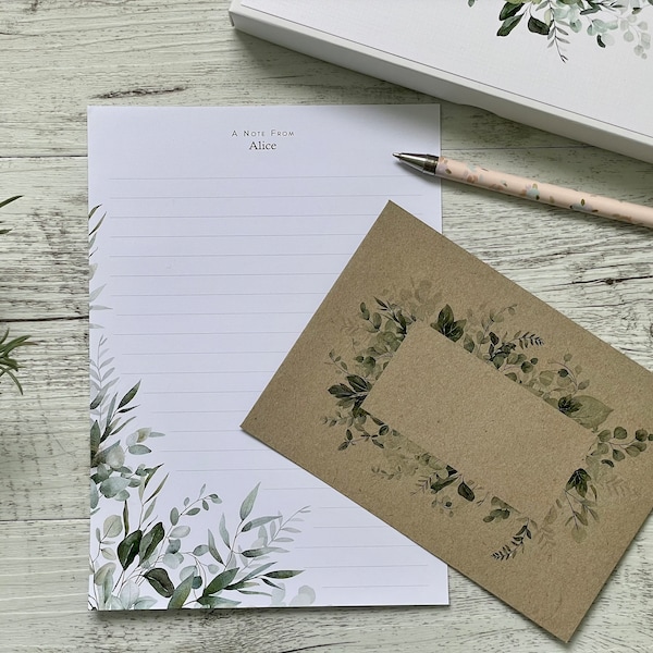 Personalised Writing Paper Set - Foliage & Greenery - Set Of 20 - Personalised Notepaper with kraft envelopes