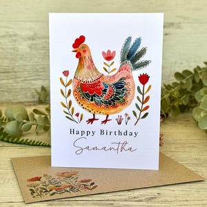 Carte d'anniversaire FOLK-ART POULET - Carte d'anniversaire personnalisée poulet coq