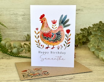Birthday Card FOLK ART CHICKEN - Personalised chicken rooster Birthday card