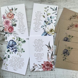 Watercolour FLORA SCRIPTURE cards set of 4 - Christian Card set - Psalm 23, Psalm 91, Proverbs 3, Romans 15, Bible Cards Scattered Seed Co