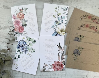 Watercolour FLORA SCRIPTURE cards set of 4 - Christian Card set - Psalm 23, Psalm 91, Proverbs 3, Romans 15, Bible Cards Scattered Seed Co