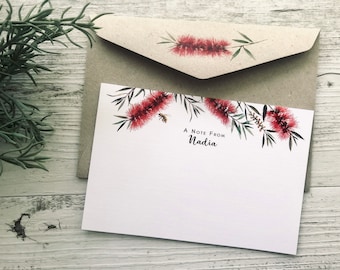Flache AUSTRALIAN NATIVE FLORA Notecards Set von 10 - leere oder personalisierte Notecards mit koordinierenden Kraft Umschläge