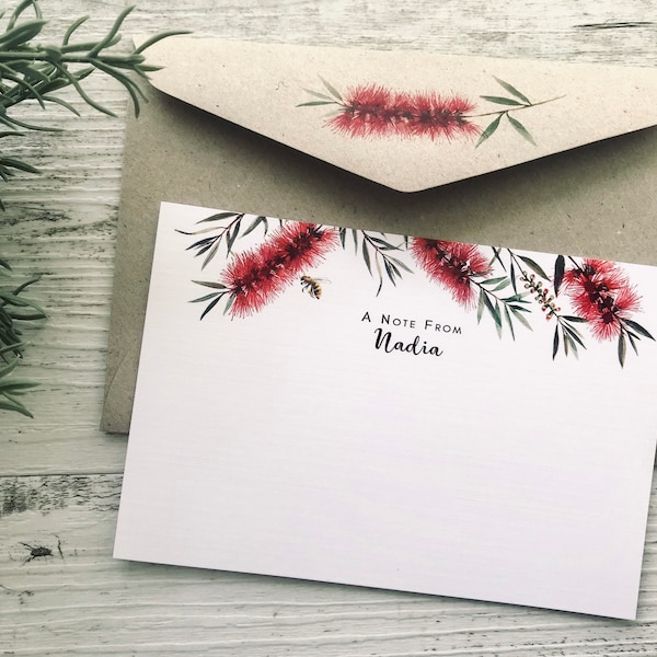 Flat AUSTRALIAN NATIVE FLORA Notecards Set Of 10 - Blank or Personalised Notecards with coordinating kraft envelopes