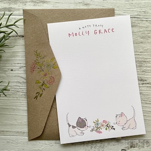 Flat SPRING FLORAL KITTEN Notecard Set - Set of 10 - Cat stationery - Kitten notecard set with coordinating kraft envelopes - Australia