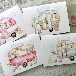 VINTAGE CARAVANS Regular or Mini sized cards set of 4 - Glamping blank greeting card set - 4 designs - Scattered Seed Co
