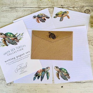 Conjunto de papel de carta da coleção GREEN SEA TURTLES - Papel de carta com tema de tartaruga - Conjunto de amigos por correspondência do oceano - Scattered Seed Co